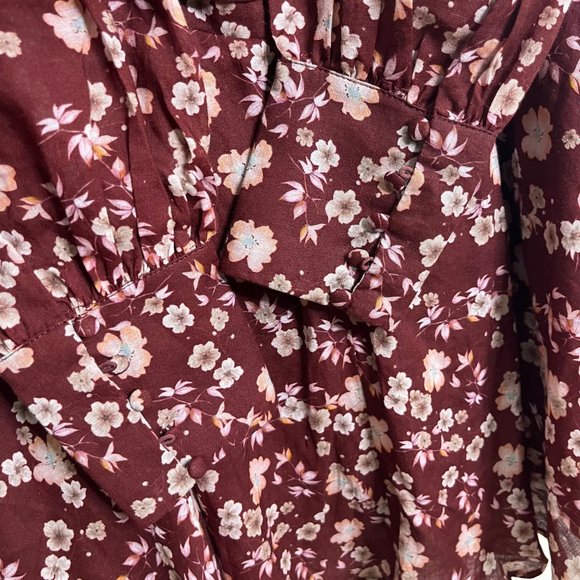 Bardot Women's Logan Maroon Floral Mini Dress Size 4 Long Sleeve Cutout Waist - Picture 8 of 12